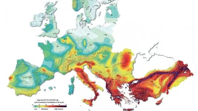 Map of Europe showing risk of earthquakes