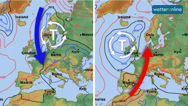 Die linke Grafik zeigt die Wetterlage vom Mittwoch, wo kalte Luft aus Nordeuropa zu uns gelangt. Die rechte Grafik zeigt die Vorhersage für Sonntag.