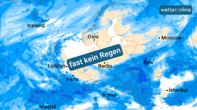 Die Karte zeigt die aufsummierte Regenmenge bis einschließlich Dienstag. In vielen Teilen Mitteleuropas bleibt es trocken.