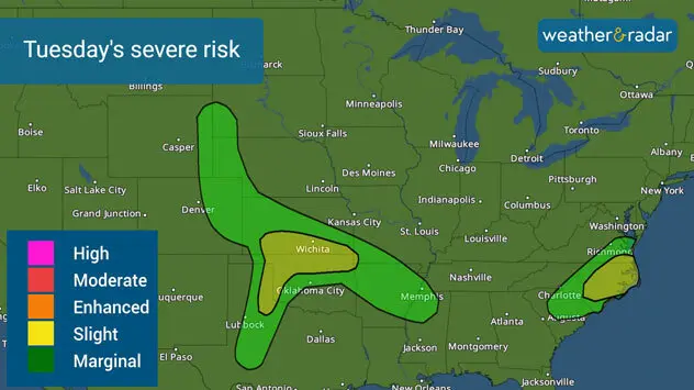 Tuesday's severe weather risk. Large hail, damaging winds, and a tornado or two. 