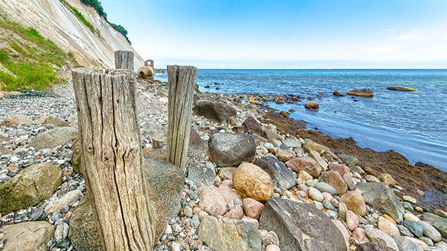 Steine, Geröll und angespültes Holz am Strand von Putgarten
