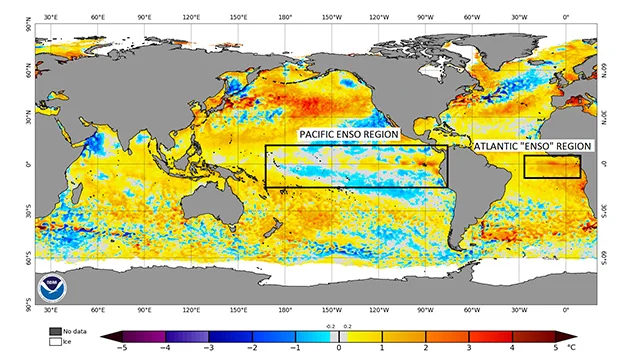 Bild: NOAA Die Karte zeigt die überdurchschnittlich hohen Meeresoberflächentemperaturen im Golf von Guinea direkt vor der Westküste Afrikas.