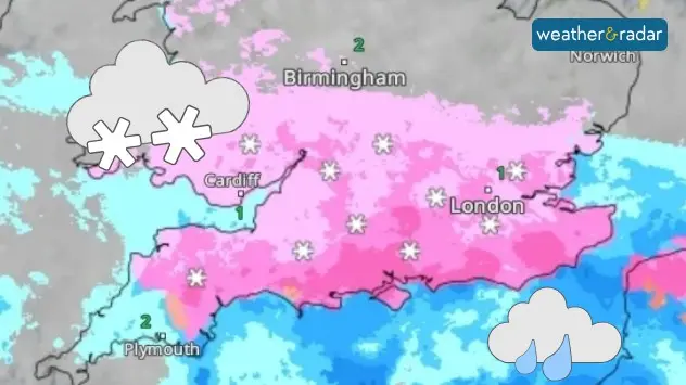 How snow, the pink shading, may look on the WeatherRadar.