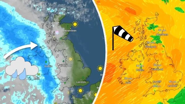 L - Weather map showing rain over Ireland moving towards the UK. R - wind map showing gusts over both countries.