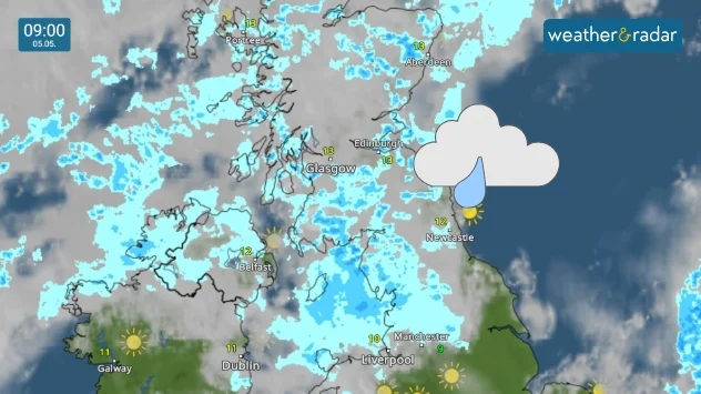 Weather map showing rainfall over Scotland, N. Ireland and parts of northern England on Sunday.
