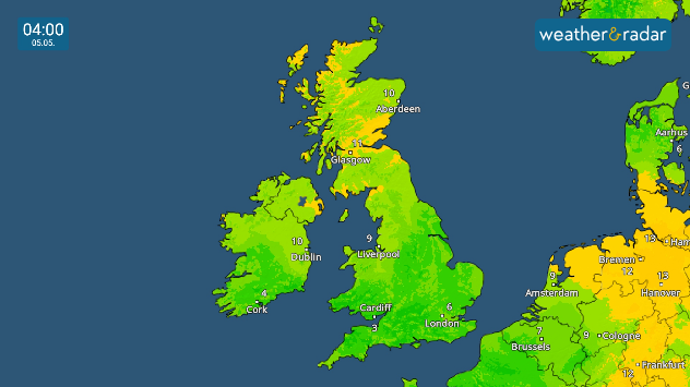 Temperature map showing the UK and Ireland at 4am on Sunday, May 5th, with a low temperature of 3 degrees in Cardiff