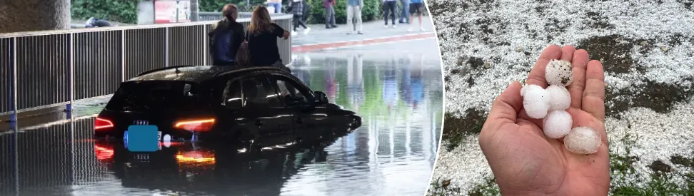 Auto von Regenfluten erfasst - Hagelmassen auf Hand