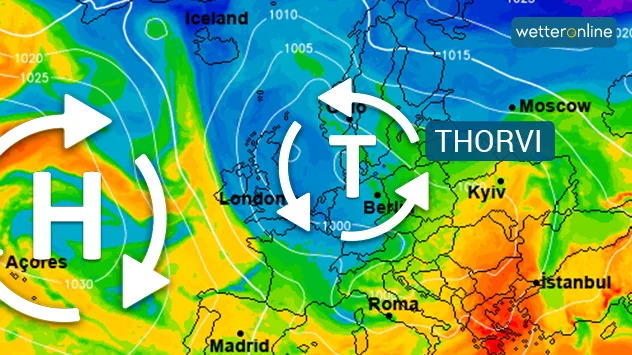 Wetterkarte für Europa mit Temperatur der Luftmassen und eigezeichneten Drucksystemen.