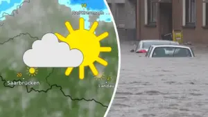 WetterRadar-Bild: Am Nachmittag im südlichen RLP und im Saarland trocken (links); Autos bis zum Dach unter Wasser (rechts)