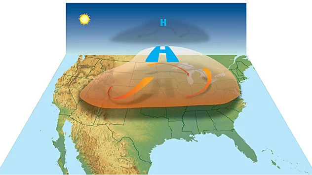 Hitzedom schematisch über Nordamerika - verursacht durch starkes Hochdruckgebiet