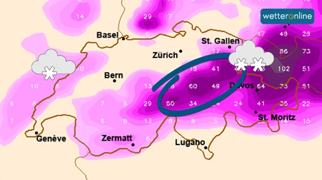 Aufsummierte Neuschneemengen bis Freitagfrüh.