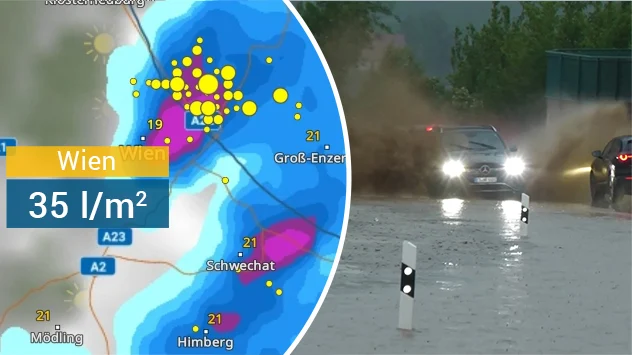 WetterRadar und Auto fährt durch Wasser