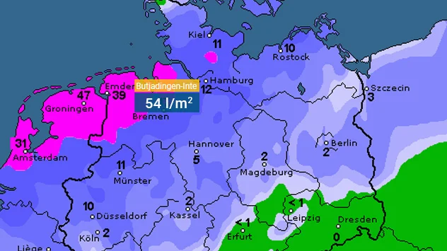 Die Karte zeigt die Regensumme zwischen Montag 08:00 Uhr bis heute 08:00 Uhr (24 h).