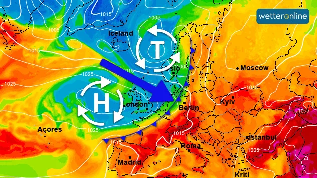 Der Idealfall eines markanten Wetterumschwungs: Eine kräftige Kaltfront vertreibt die Hitze aus dem Land.