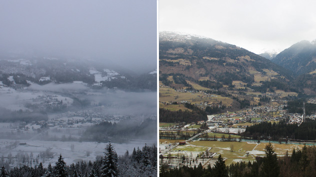 Südlich des Alpehauptkamms liegt die Schneefallgrenze noch höher als im Norden. Dennoch ist Dellach im Drautal weiß angezuckert.