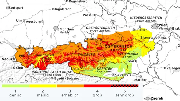 © lawinen.at Lawinenwarnkarte für Samstag