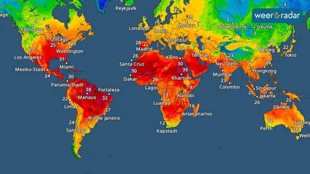 De TemperatuurRadar toont de hitte in delen van de VS, Zuidwest-Europa en Zuid-Amerika. 