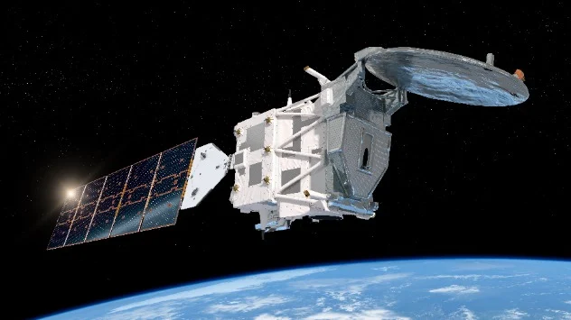 Illustration of the EarthCARE satellite in orbit.