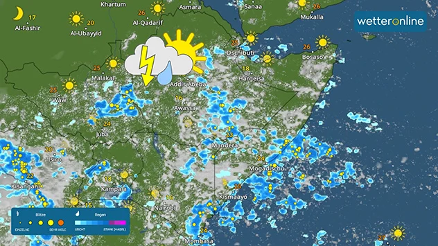 Das WetterRadar zeigt wie immer wieder Schauer und Gewitter über das Horn von Afrika hinwegziehen. 