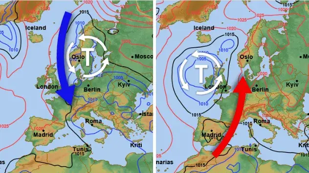 Die linke Grafik zeigt die Wetterlage vom Mittwoch, wo kalte Luft aus Nordeuropa zu uns gelangt. Die rechte Grafik zeigt die Vorhersage für Sonntag.