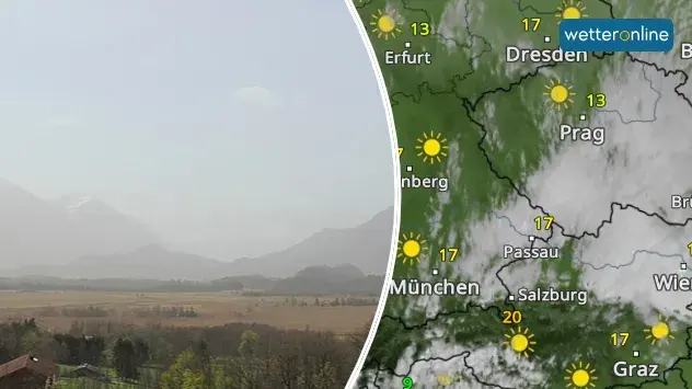 Saharastaub trübt Luft im Alpenvorland - Im WetterRadar-Bild (links) sind hochreichende Wolken zu sehen, die sich auch durch Saharastaub bilden