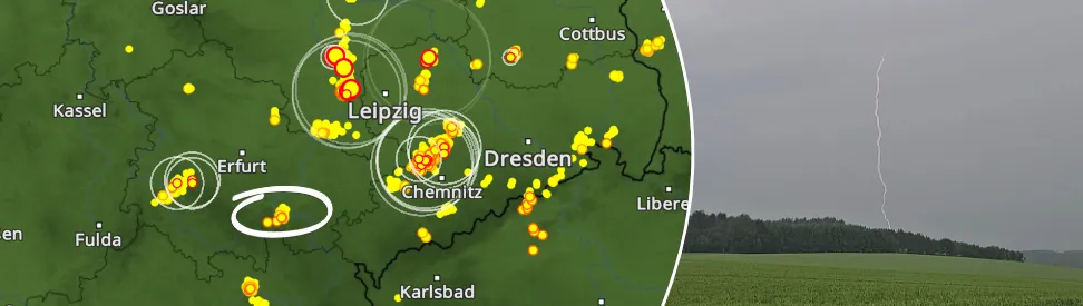 BlitzRadar zeigt Entladungen (links); Foto von Blitz (rechts)  (c) rechts: Hardy Schulz via WetterMelder Deutschland