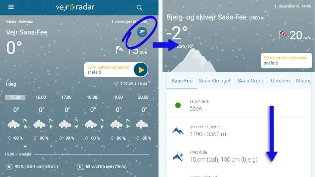 split screen billede, der viser knappen på appens hovedside til skiinfo, og dernæst selve bjerg og skivejrssiden