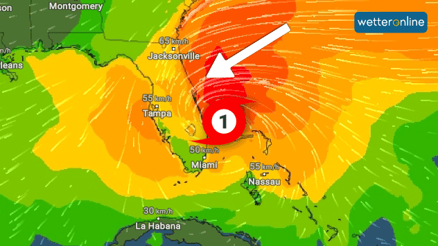 Unser WindRadar zeigt Hurrikan NICOLE, wie er auf die Küste trifft Floridas trifft. 