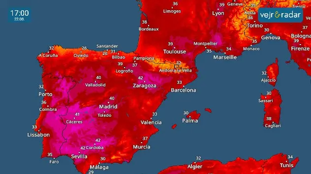 temperaturradar viser høje temperaturværdier i spanien og frankrig