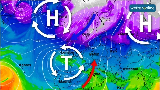 Eine Wetterkarte zeigt die Verteilung von Hoch- und Tiefdruckgebieten in Europa. 