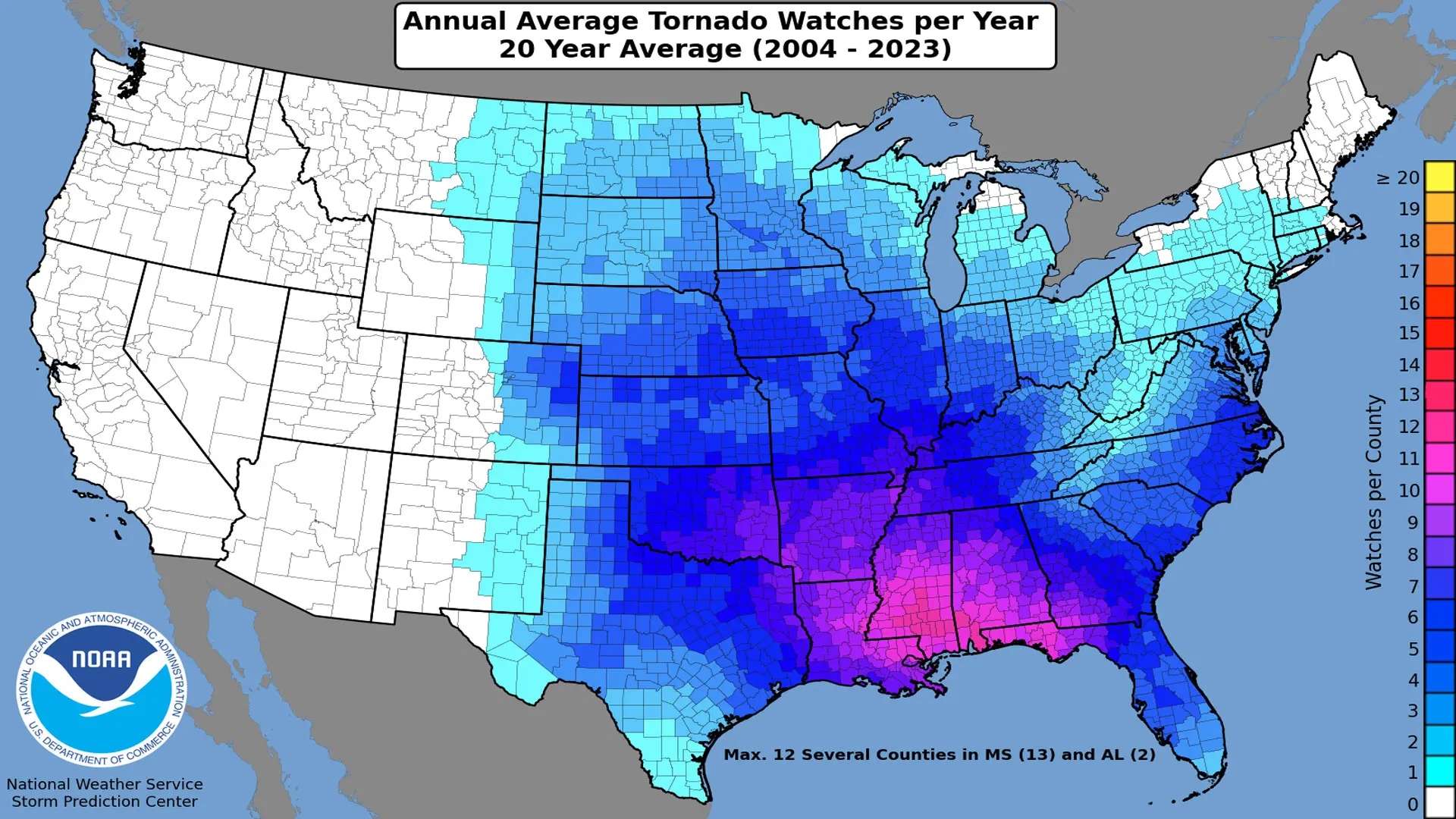 Annual average of tornado watches based on region.