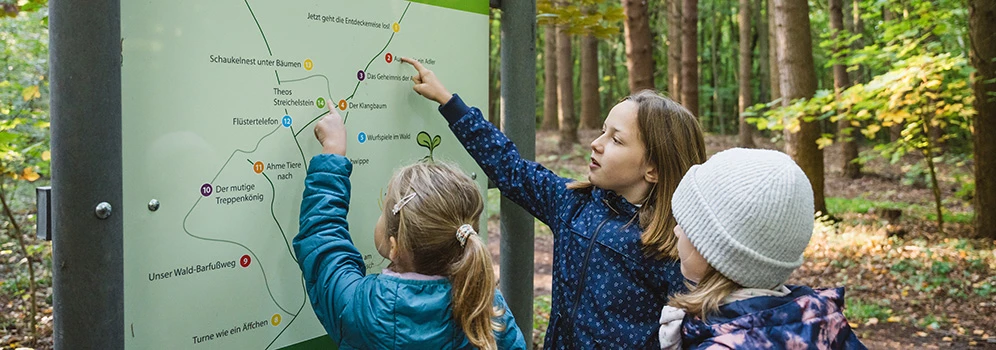 Kinderheilwald auf Usedom - © TMV/Gross Kinder vor einem Wegplan im Kinderheilwald