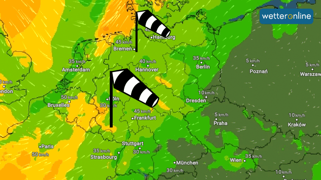 Unsere WindRadar-Prognose zeigt, dass es am Montag windig wird.