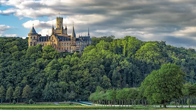 Blick auf die waldigen Hügel und das Schloss Marienburg