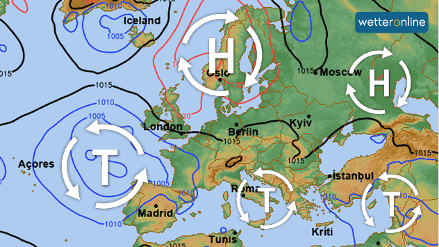 Durckwetterkarte zeigt mehrere Tiefs vom mittleren Atlantik bis Türkei - über Nordeuropa stabiles Hoch