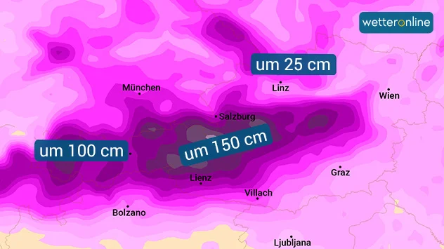 Schneekarte mit aufsummierten Niederschlägen bis Freitagabend