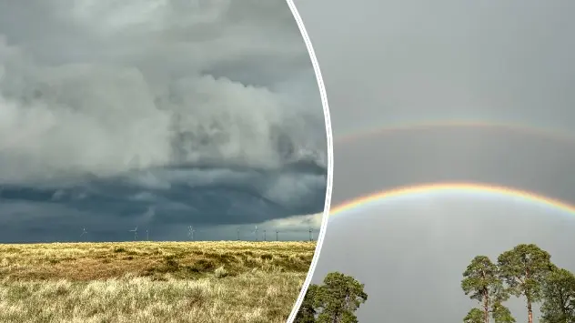 L - Rain clouds over wind turbines in an open field. R - Double rainbow against grey stormy skies