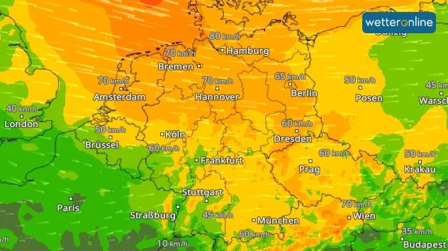 Am Montag weht in der Nordhälfte verbreitet ein stürmischer Wind bis 75 Kilometer pro Stunde. In der Südhälfte weht er schwächer.