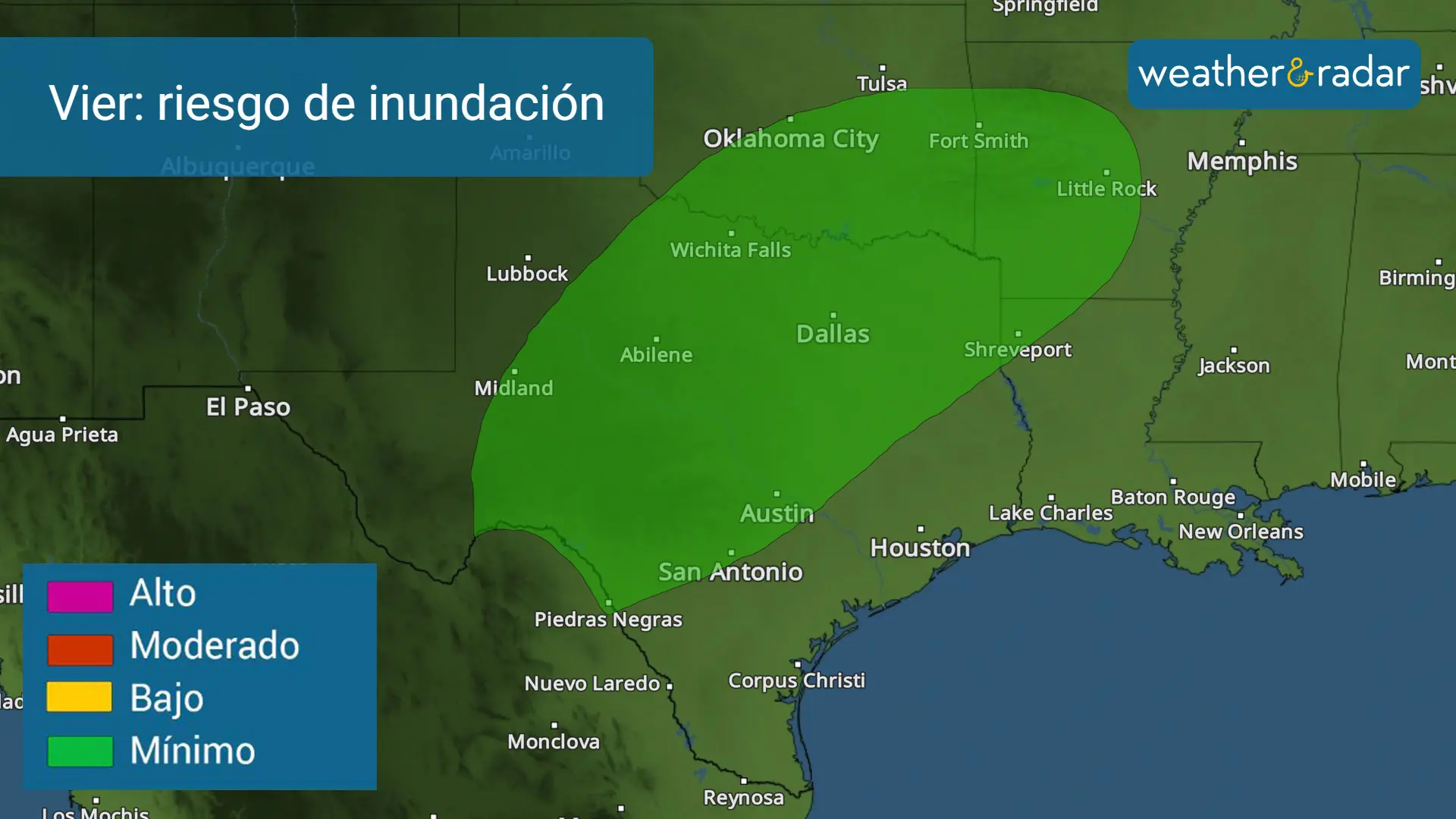 El viernes comienza a aumentar el riesgo de inundaciones para Texas, Oklahoma y Arkansas. 
