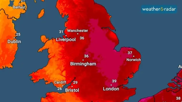 The peak of the heat across eastern parts of England where temperatures reached around 40C
