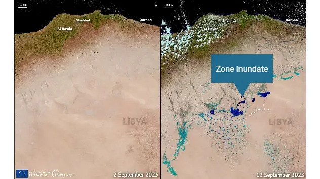 Imagini satelitare ale Libiei, înainte și după inundații: în imaginea de după, se pot observa zonele inundate.