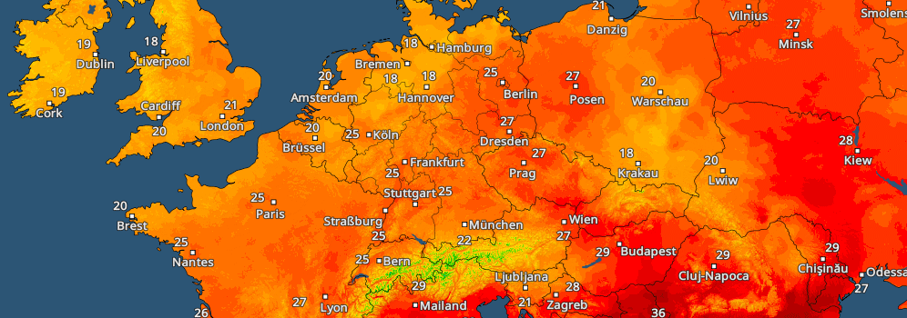 Sommertag in Mitteleuropa, TemperaturRadar mit Höchstwerten