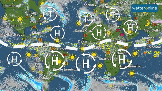 WetterRadar: Hochdruckgebiete sind mit wolkenlosen Regionen verbunden. Tiefs gehen dagegen meist mit Wolkenspiralen sowie Niederschlägen einher.