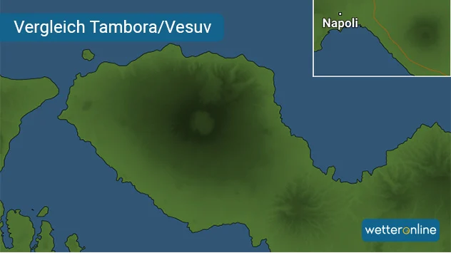 Der Größenvergleich Tambora-Vesuv verdeutlicht, wie riesig der Tambora ist
