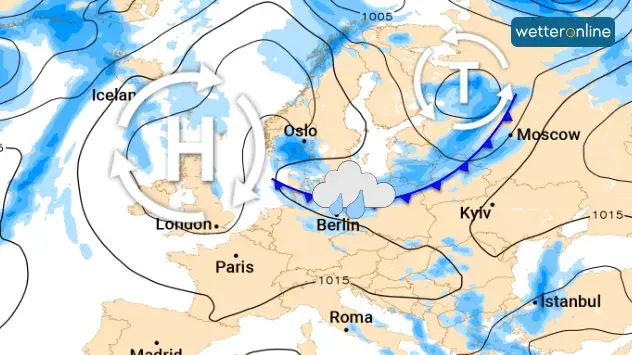 Wetterkarte für Freitag: Hoch über Westeuropa. Tiefausläufer erreichen Deutschland mit Regen