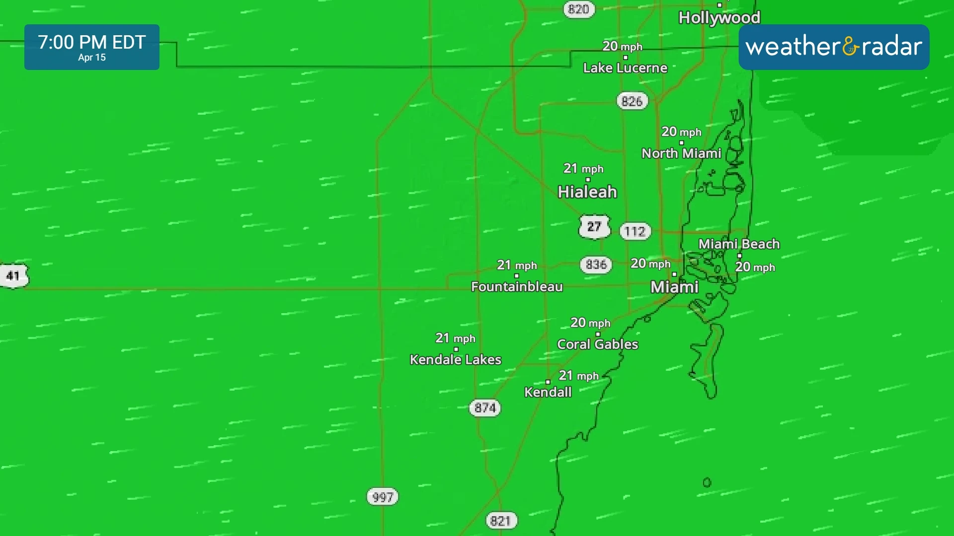 Winds coming from the east, at times strong over western Miami-Dade, Florida. 