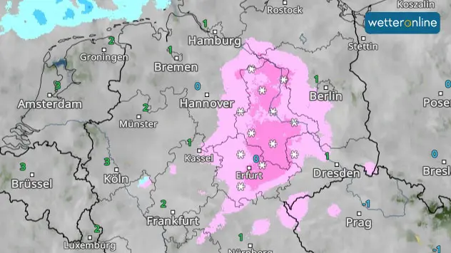 In etwa in dieser Region schneit es in der Nacht laut WetterRadar.