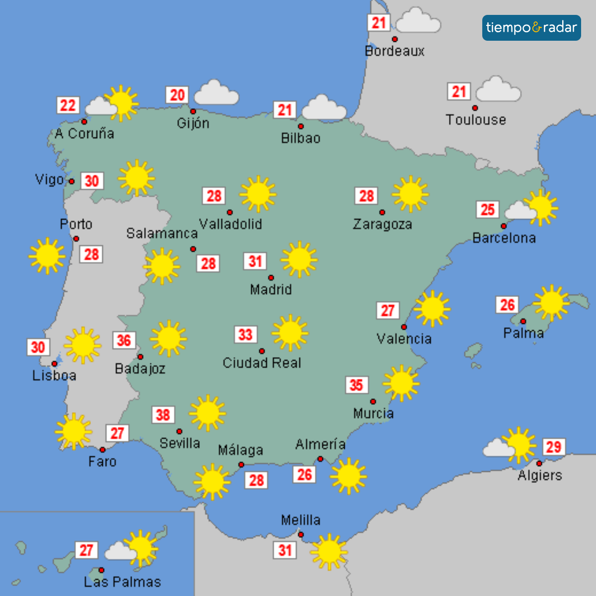 Calor sofocante en el suroeste, con máximas de hasta 37 grados en Badajoz y Sevilla.