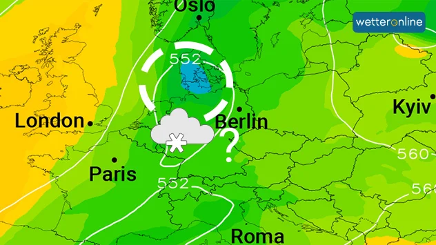Ein sogenannter Kaltlufttropfen (gestrichelter weißer Kreis) wabert zum Wochenende in der Atmosphäre umher. Regional bringt er Schnee.
