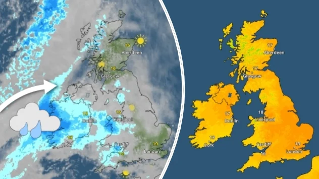 L - Weather map showing rain over Ireland. R - Temperature map showing moderate heat across the UK and Ireland.
